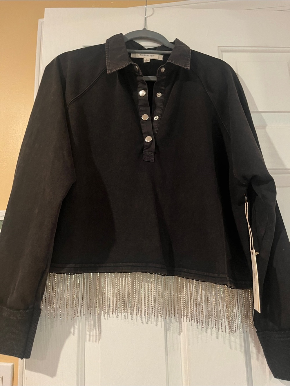 Black Pullover with Beaded Fringe Hem